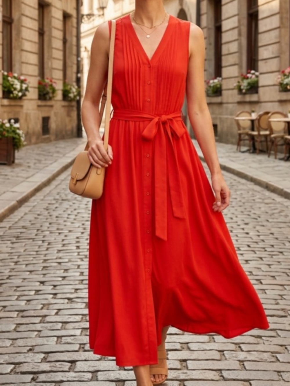 Nine West Red Sleeveless Button-Front Midi Dress with Tie Waist